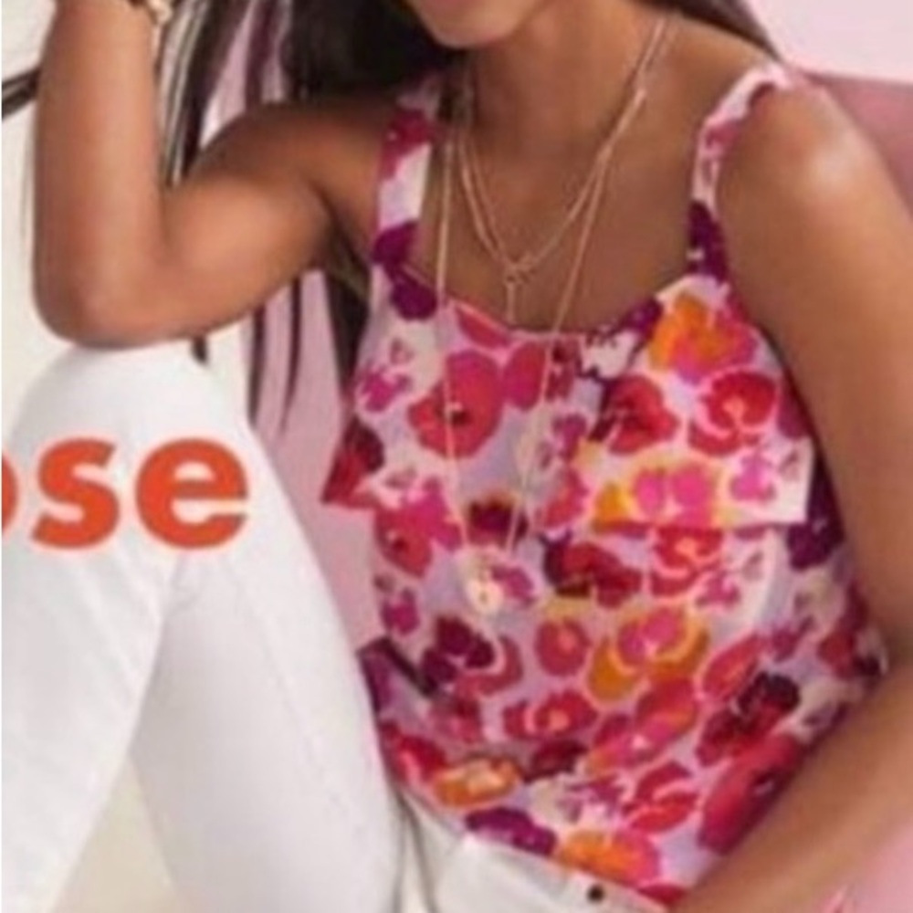 CAbi Pink & Coral Floral Ruffle-Front Camisole
